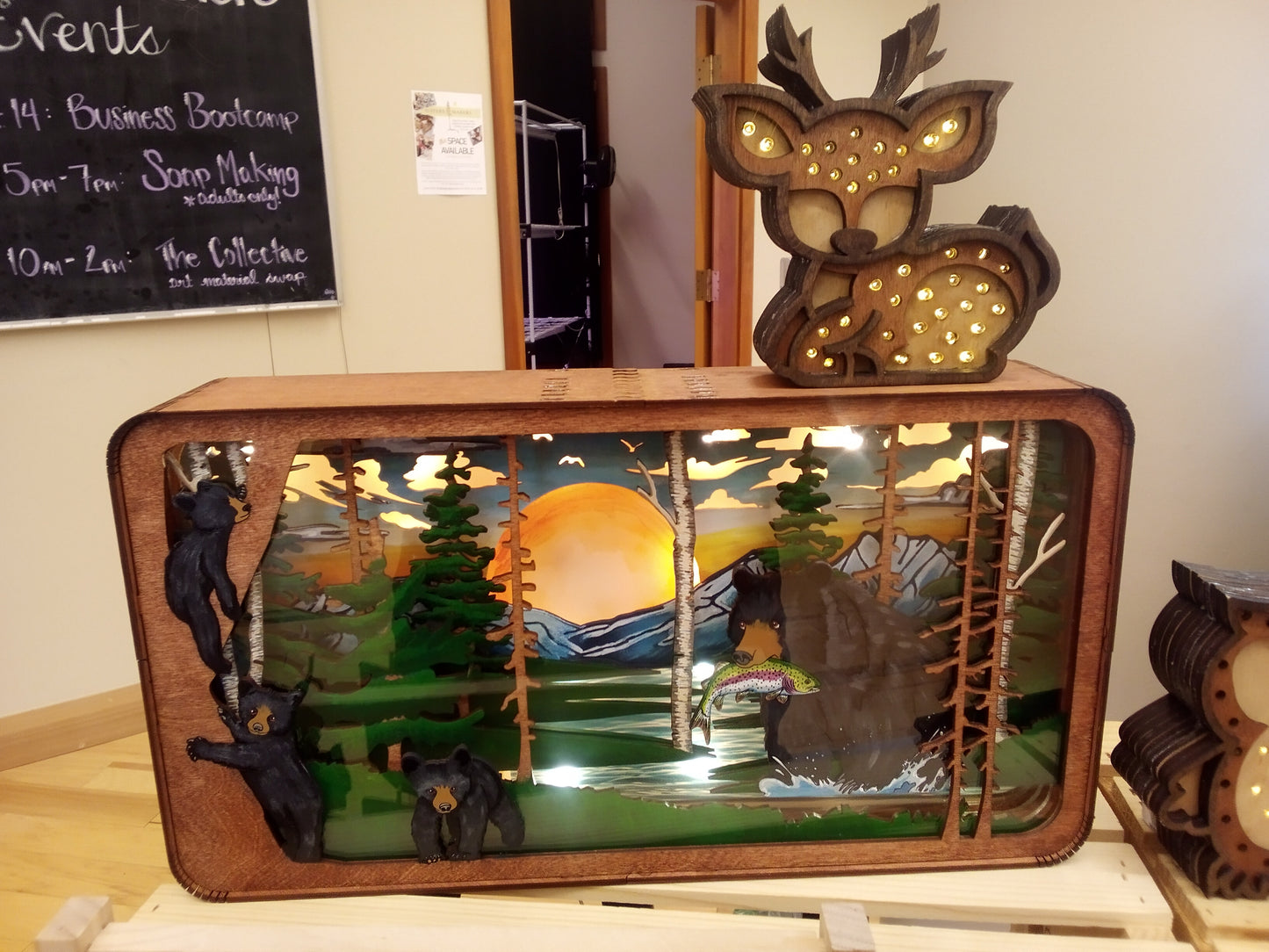 Black Bear Family in the Forest Shadow Box Lamp